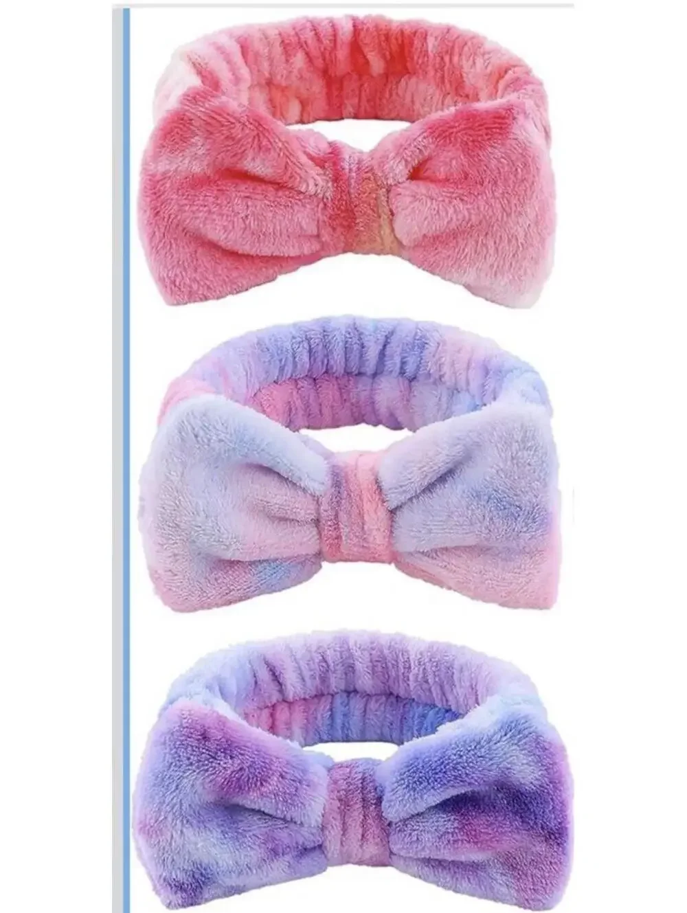 3pc Spa Headband Set Plush Bow Soft Elastic Makeup Wash Face Pinks Purple New